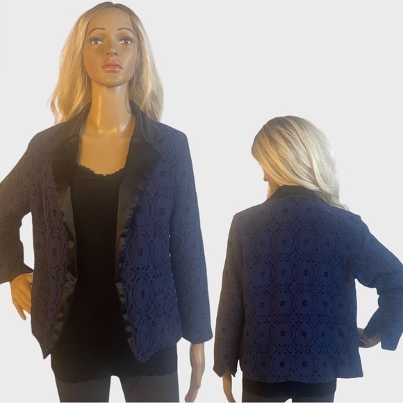 CHICO'S Blue and Black Lace Open Front Lightweight Jacket/Blazer - Picture 1 of 11